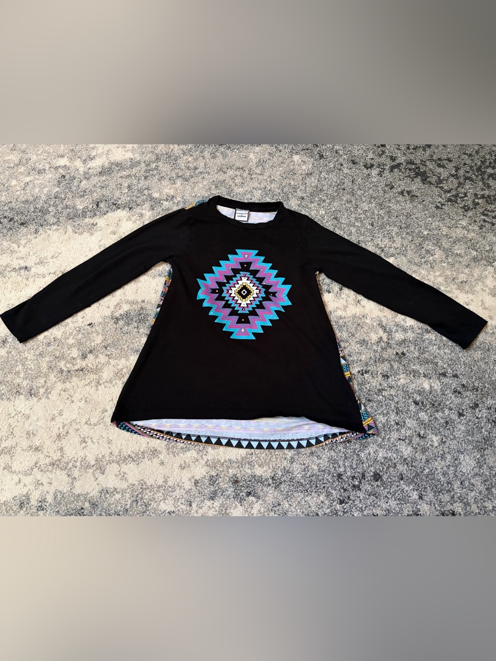 Flowers by Zoe Black Long Sleeve Top with Teal Purple Pink Aztec Graphic
